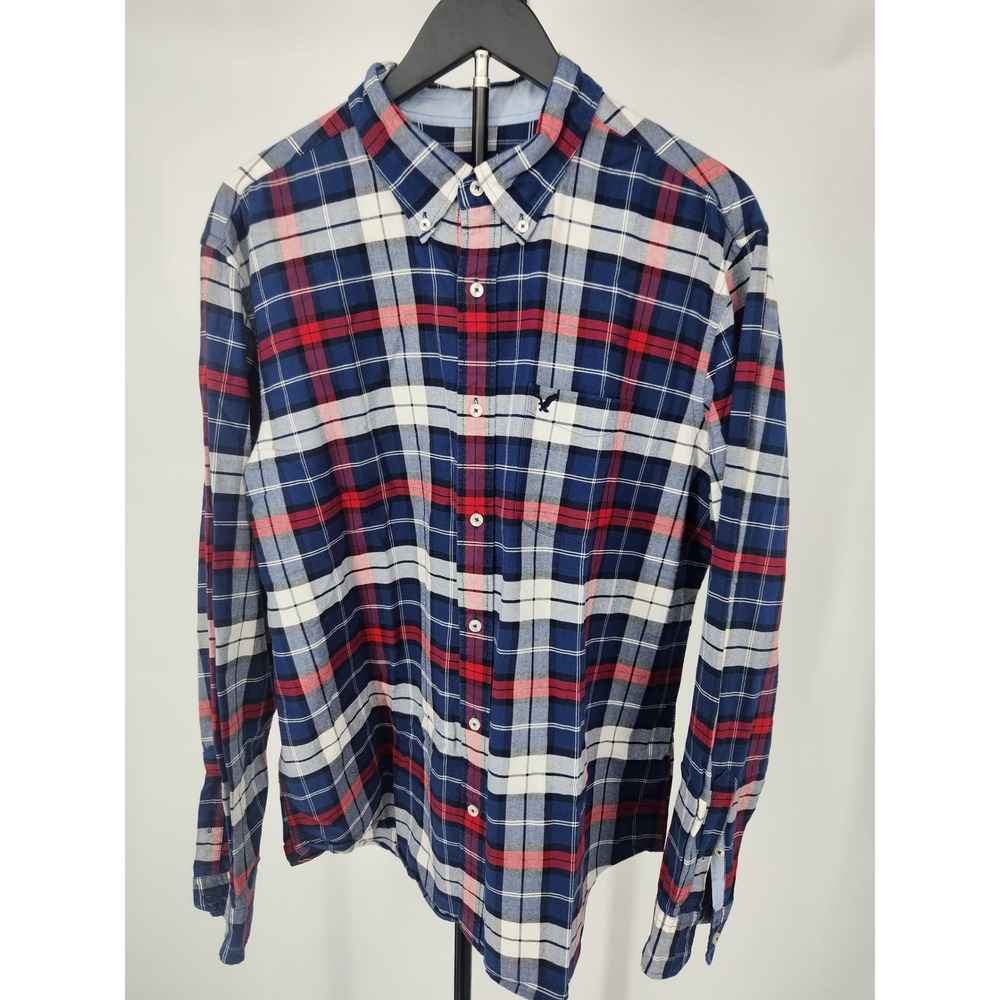 American Eagle Mens XL Classic Fit Plaid Button Down Shirt Navy Blue Red White